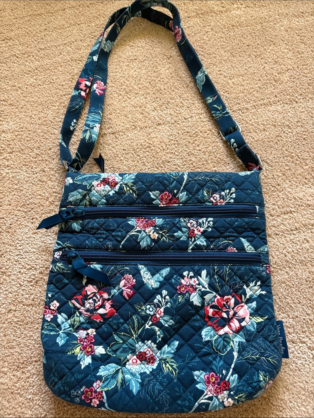 Vera Bradley Triple Zip Hipster Navy Floral Quilted Crossbody Bag